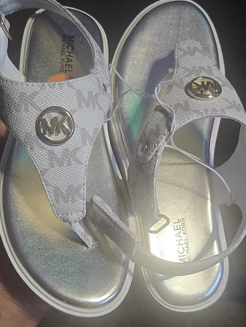 Michael Kors Metallic Silver Logo Thong Sandals -Girls